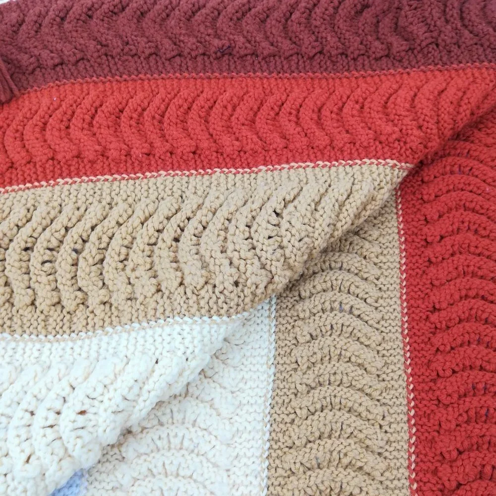 Vintage Shell Crochet Striped Afghan Blanket Throw